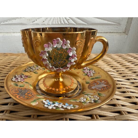 Antique 20's Tre Fuochi Czech Bohemian Gold Blue Glass Pedestal Teacup Saucer - Picture 1 of 16